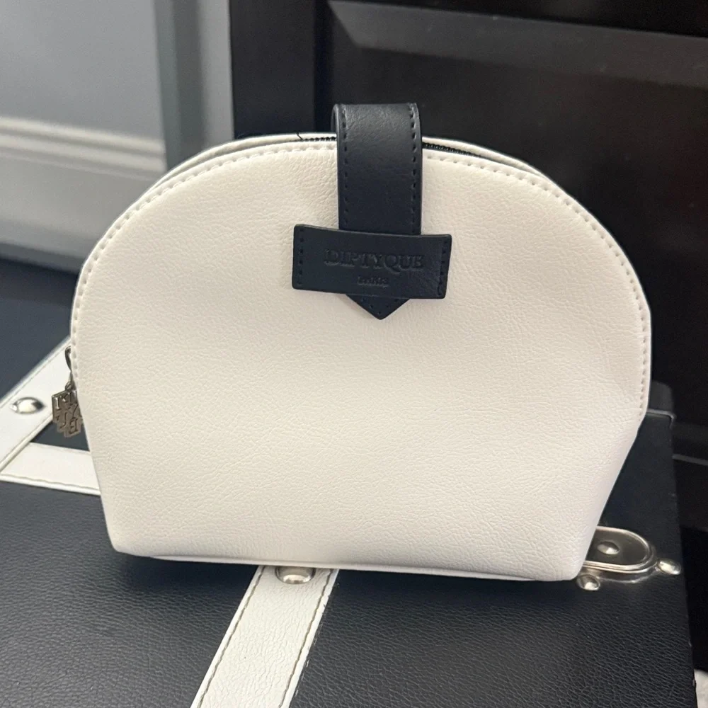 diptyque White Leather Dome Cosmetic Pouch with Black Trim
